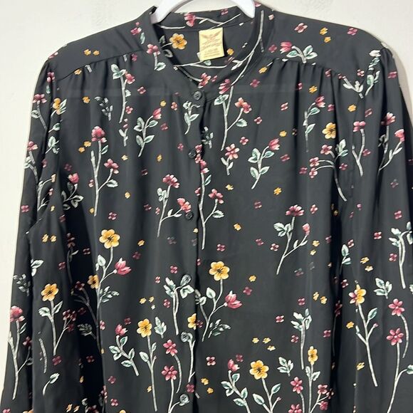 Faded Glory Black Floral Long Sleeve Button Up Blouse Women's L 12/14 - Picture 2 of 4